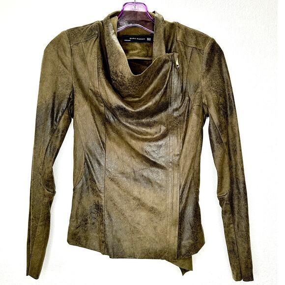 Zara Olive Green & Black Suede Long Sleeve Side Zip Cowel Neck Jacket XS - Picture 2 of 13